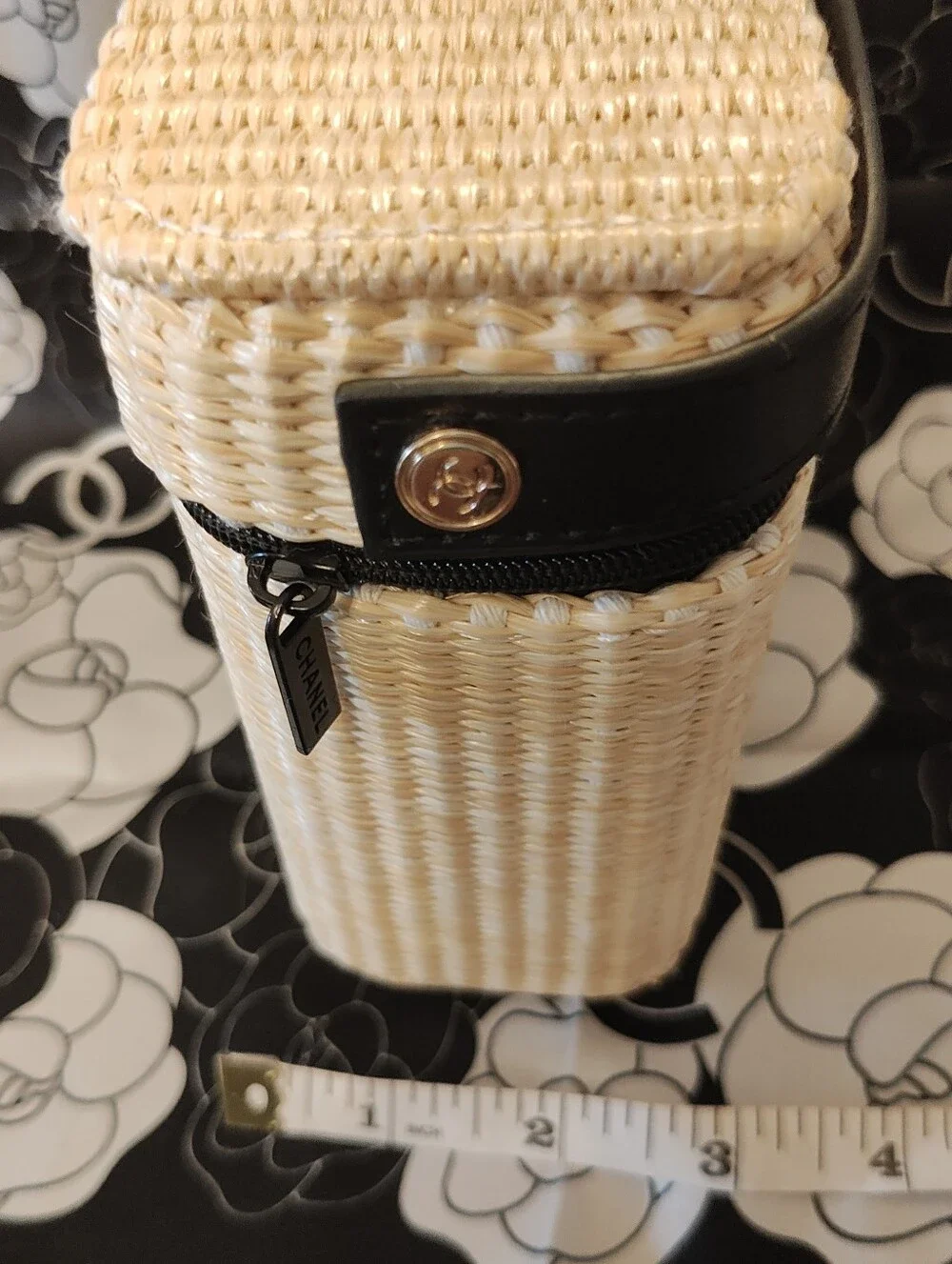 Beige Woven Beauté Mini Bag with Black Trim